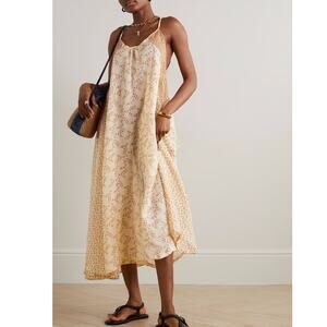 Yvonne S Midi Trapeze Dress 100% Linen Lace Trim Ditzy Floral Print Medium NWOT